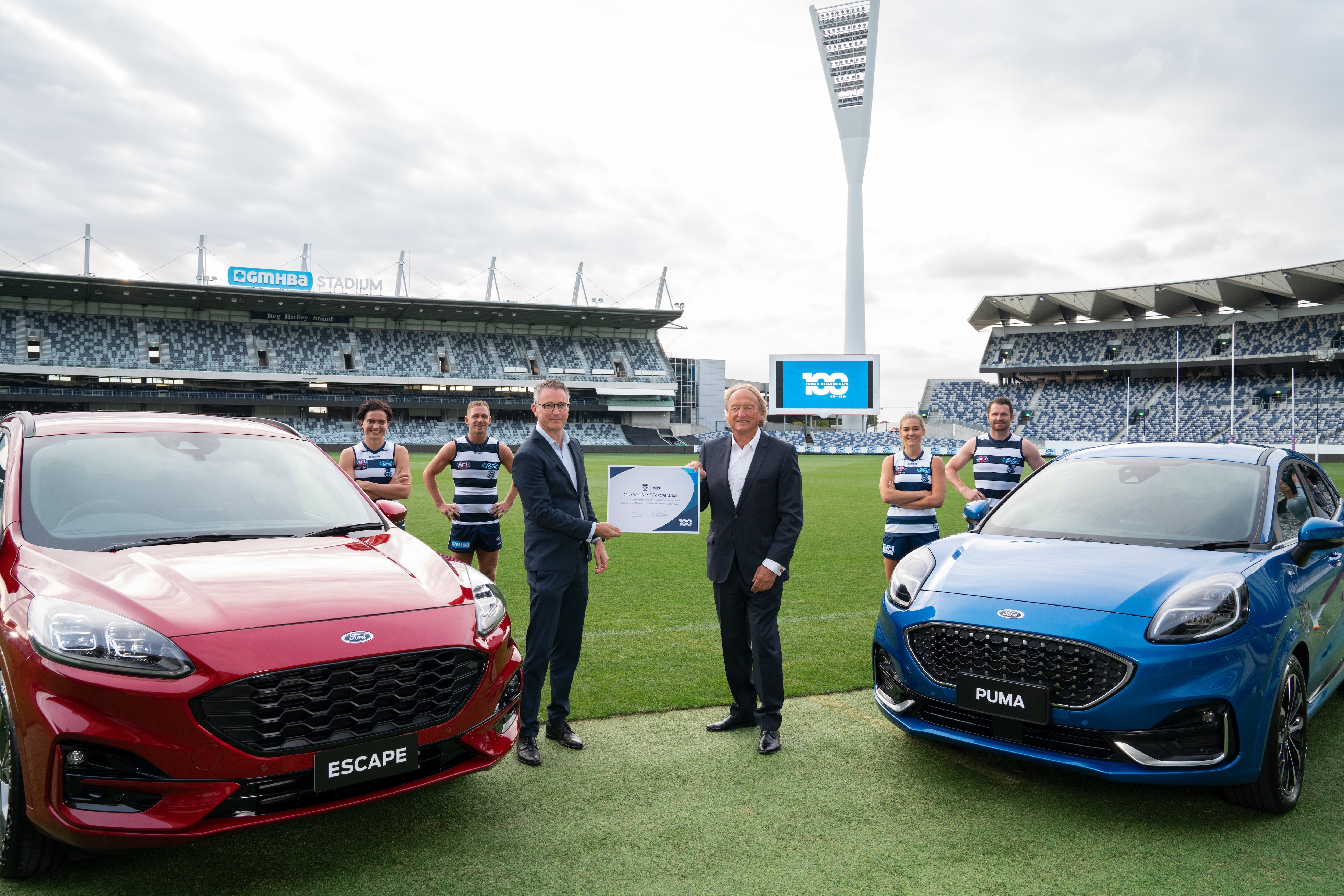 Ford x Geelong Cats 100yr signing (L-R) Meghan McDonald, Joel Selwood, Andrew Birkic, Brian Cook, Patrick Dangerfield, Becky Wat