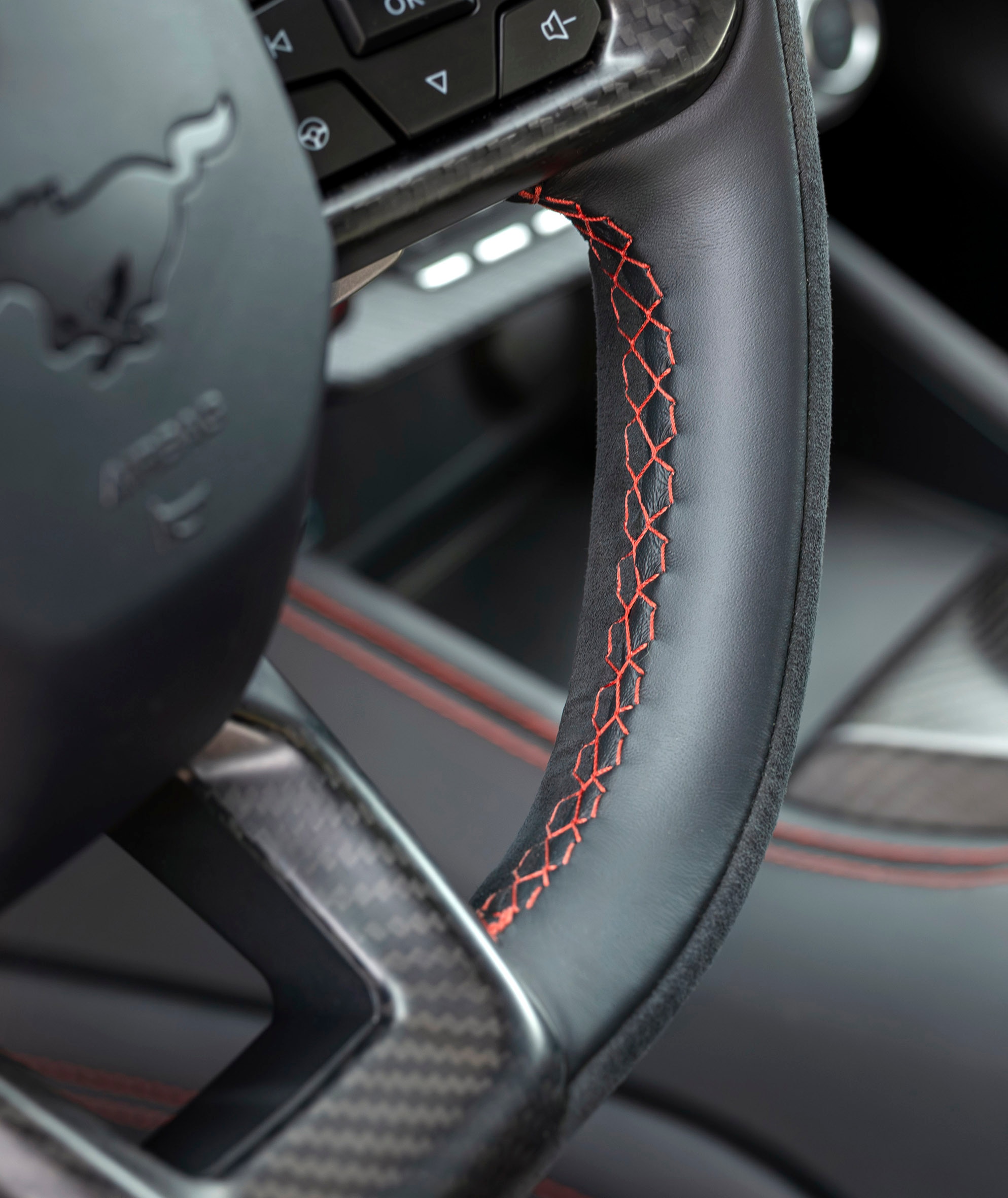 By working with the GTD team, we were able to adopt Brembo carbon-ceramic brakes and Michelin Pilot Sport Cup2 R tires for the Mustang Dark Horse SC Track Pack. Prototype vehicle shown. Actual production vehicle may vary. Available summer 2026.