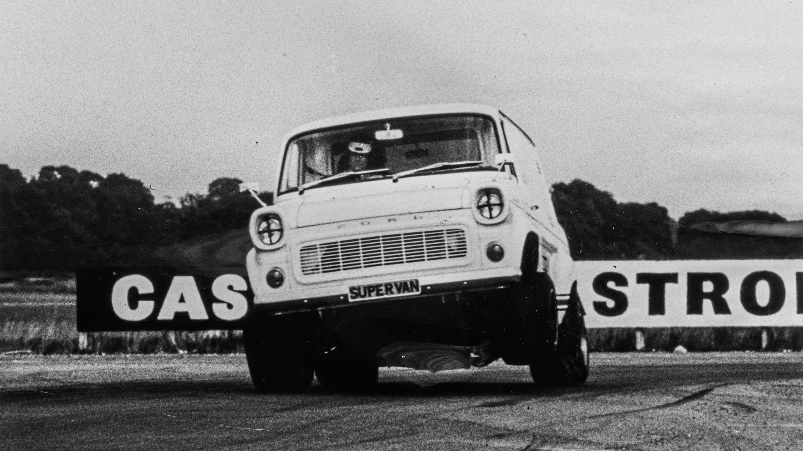 Archive photo of Supervan 1 up on three wheels in a corner