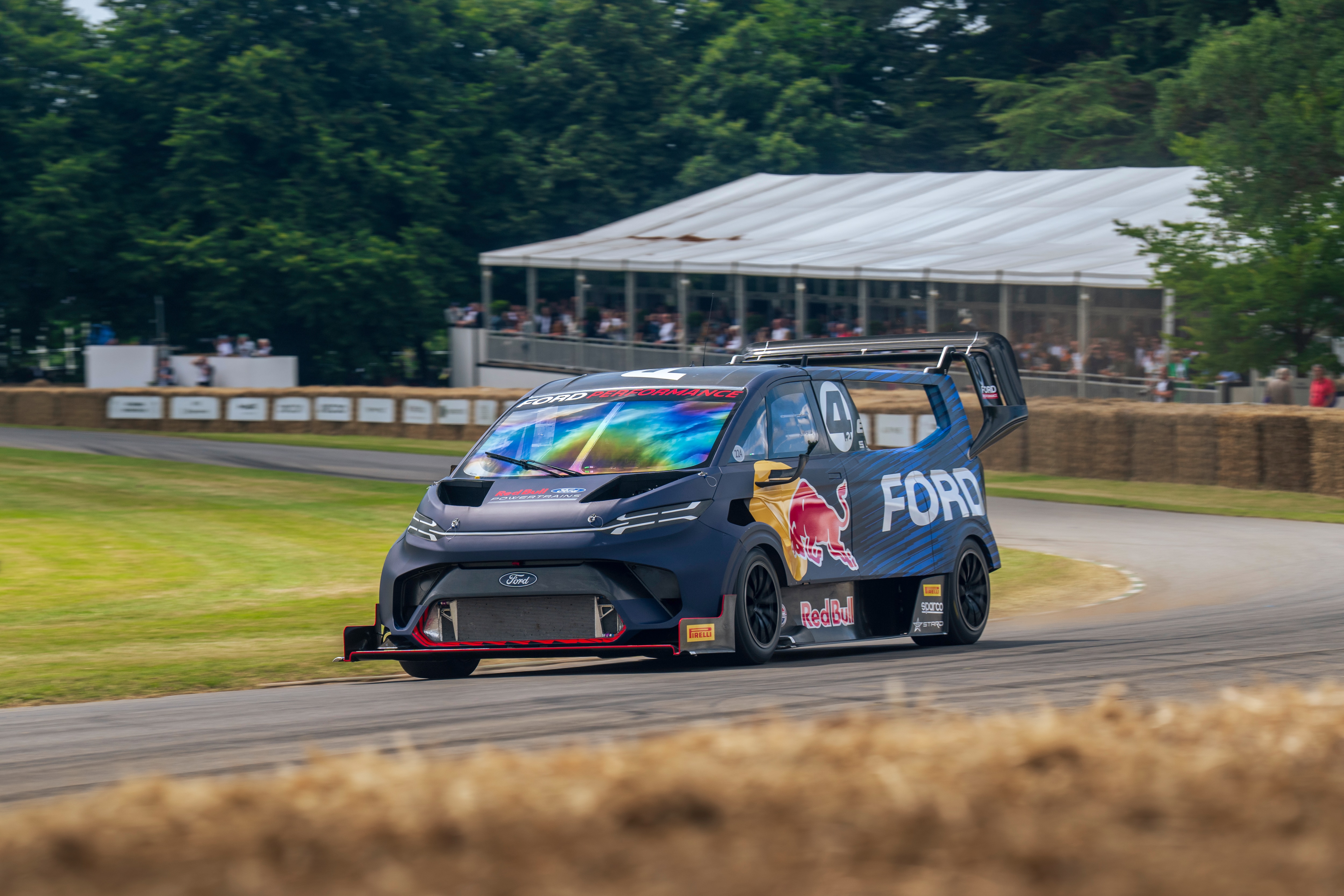 SuperVan 4.2 at the 2024 Goodwood Festival of Speed. License valid for earned editorial, press releases, press kits. All non-broadcast digital and online media Region: Global. This content is solely for editorial use and for providing individual users with information. Any storage in databases, or any distribution to third parties within the scope of commercial use, or for commercial use is permitted with written consent from Ford in Europe GmbH only.