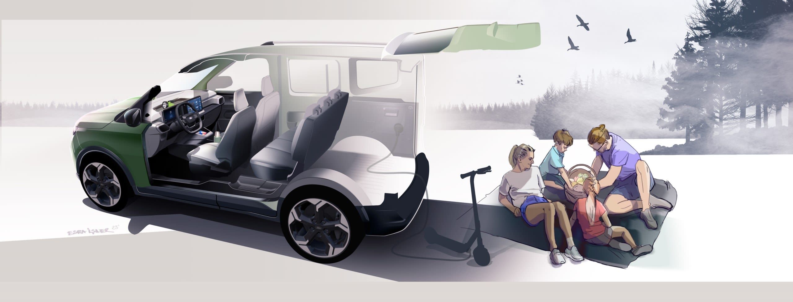 Tourneo Courier interior sketch highlighting family potential. License valid for earned editorial, press releases and press kits in Europe only. This content is solely for editorial use and for providing individual users with information. Any storage in databases, or any distribution to third parties within the scope of commercial use, or for commercial use is permitted with written consent from Ford in Europe GmbH only.