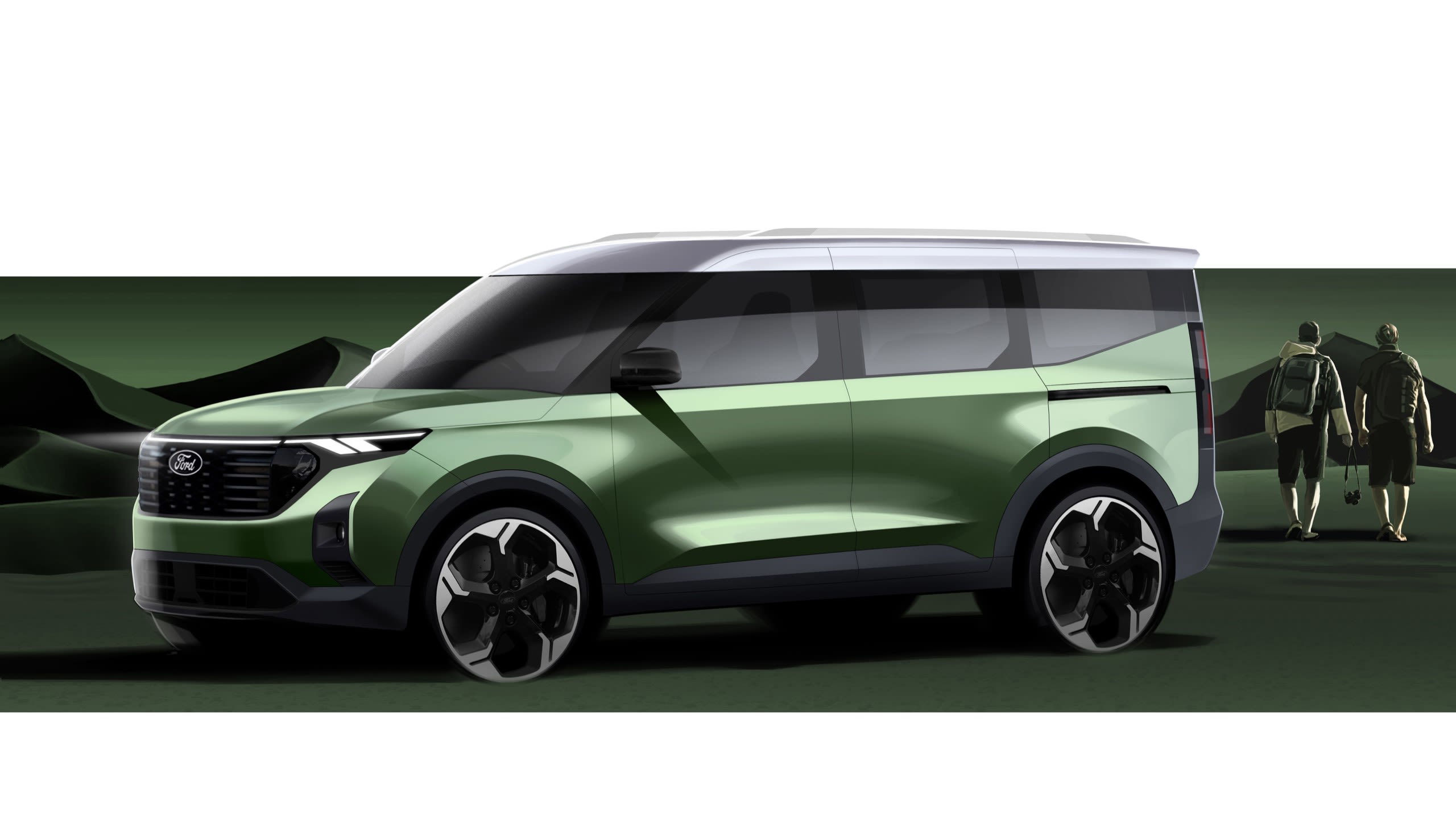 Sketch of Tourneo Courier Active. License valid for earned editorial, press releases and press kits in Europe only. This content is solely for editorial use and for providing individual users with information. Any storage in databases, or any distribution to third parties within the scope of commercial use, or for commercial use is permitted with written consent from Ford in Europe GmbH only.