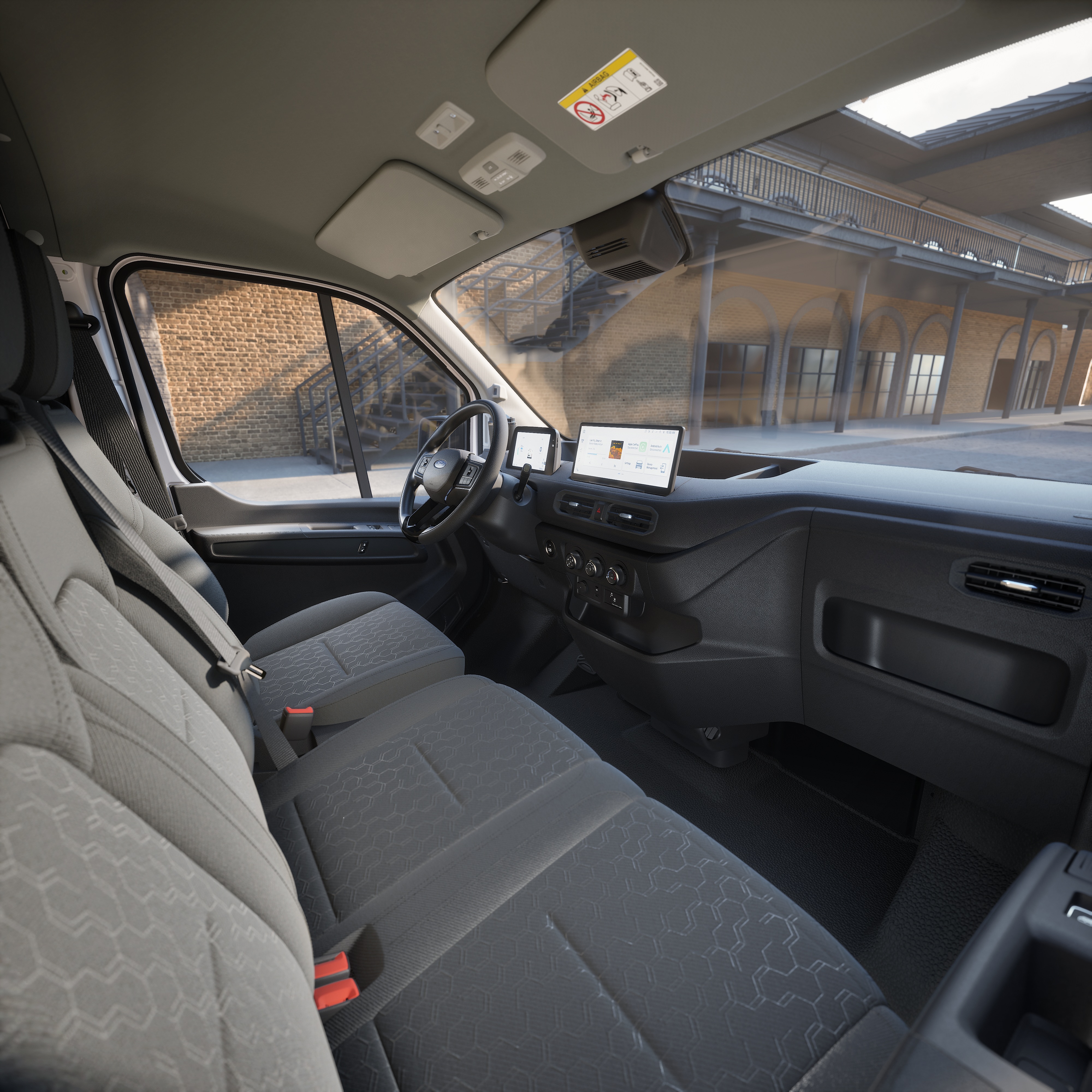 View of Transit City cab with three seats and dashboard storage