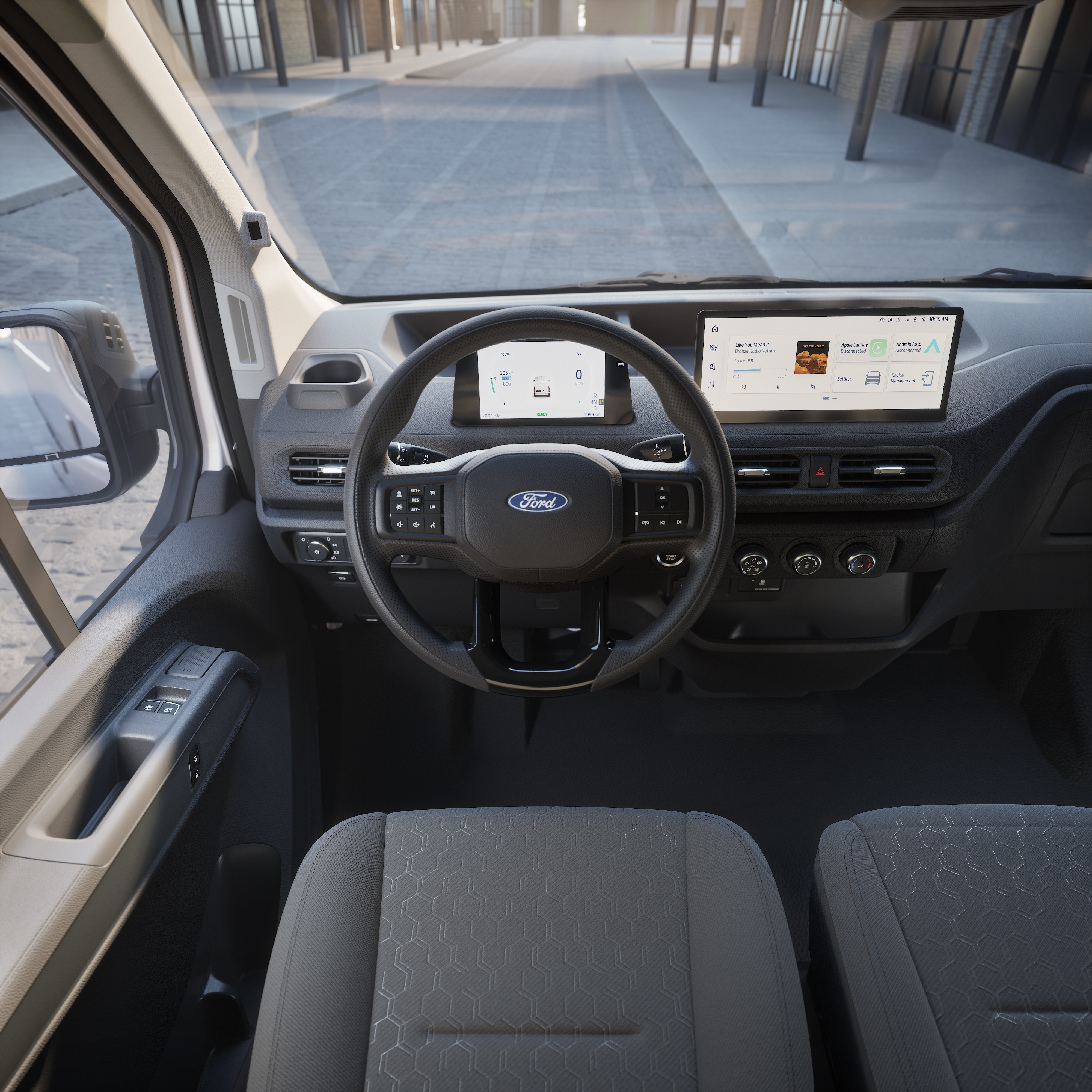 12-inch dashboard touchscreen and digital cluster in Transit City cab