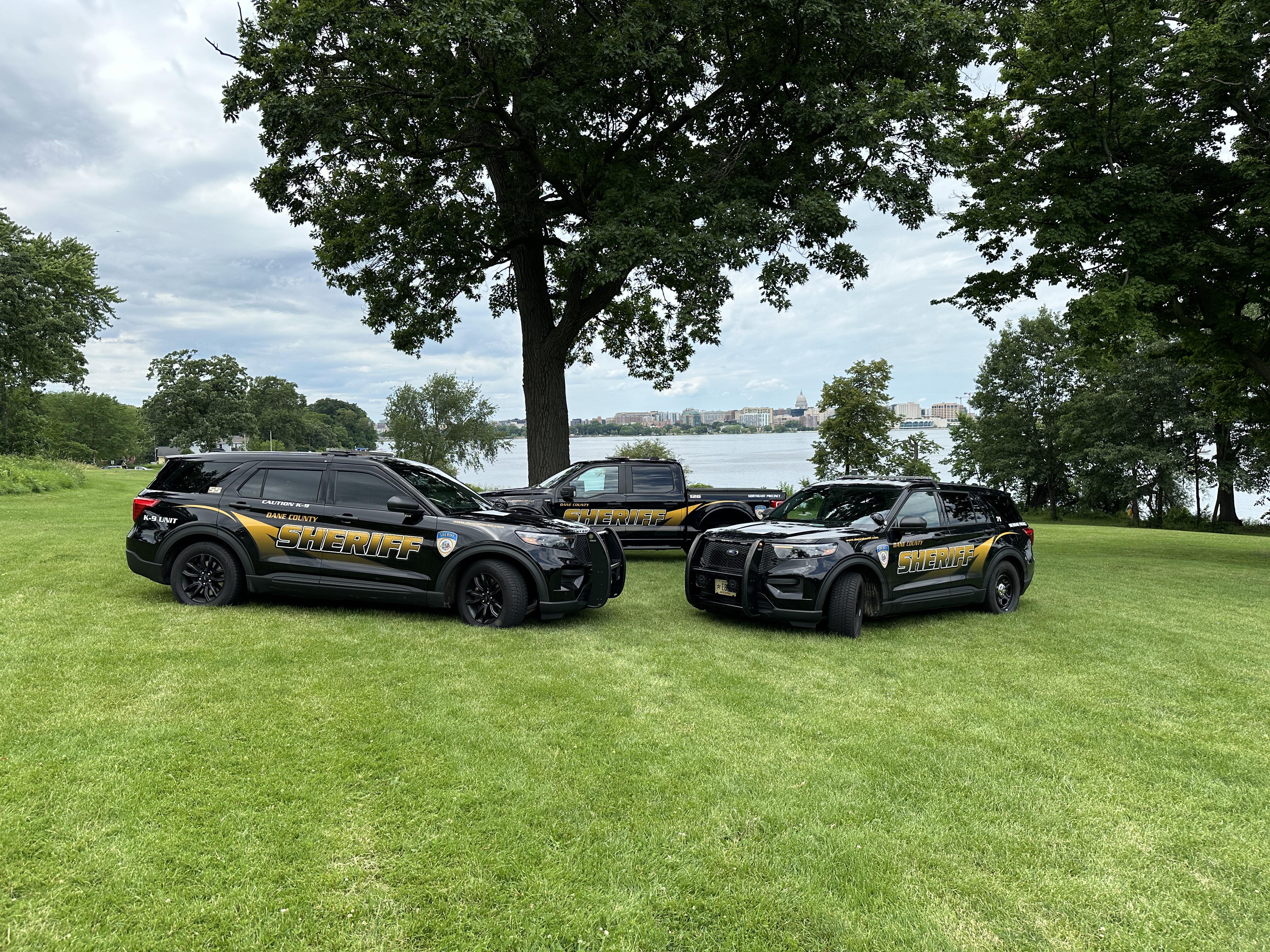 Dane County Sheriff’s Office police vehicles parked against the Madison, Wisconsin, skyline