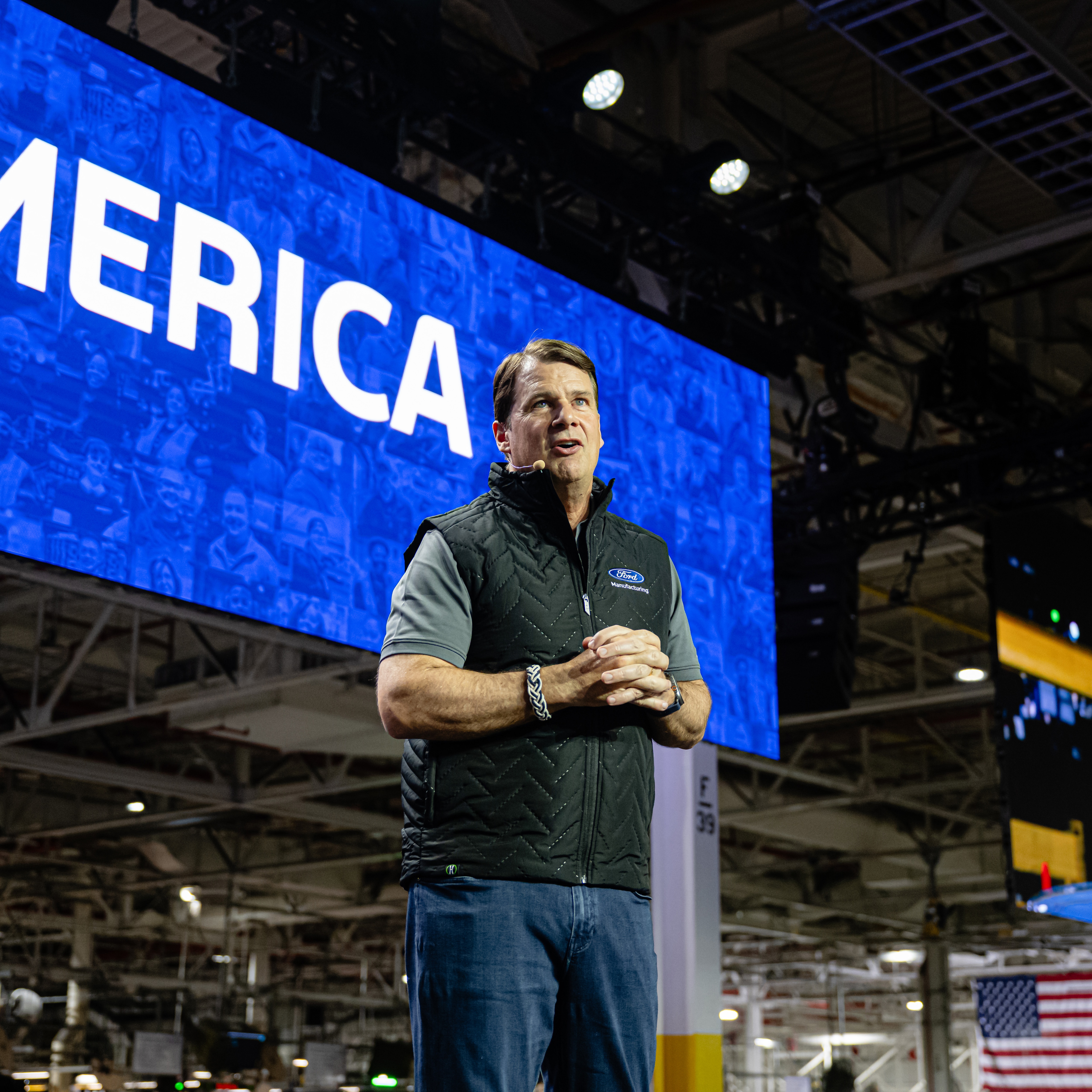 Jim Farley speaks at the Ford Kentucky Truck Plant on April 30, 2025.