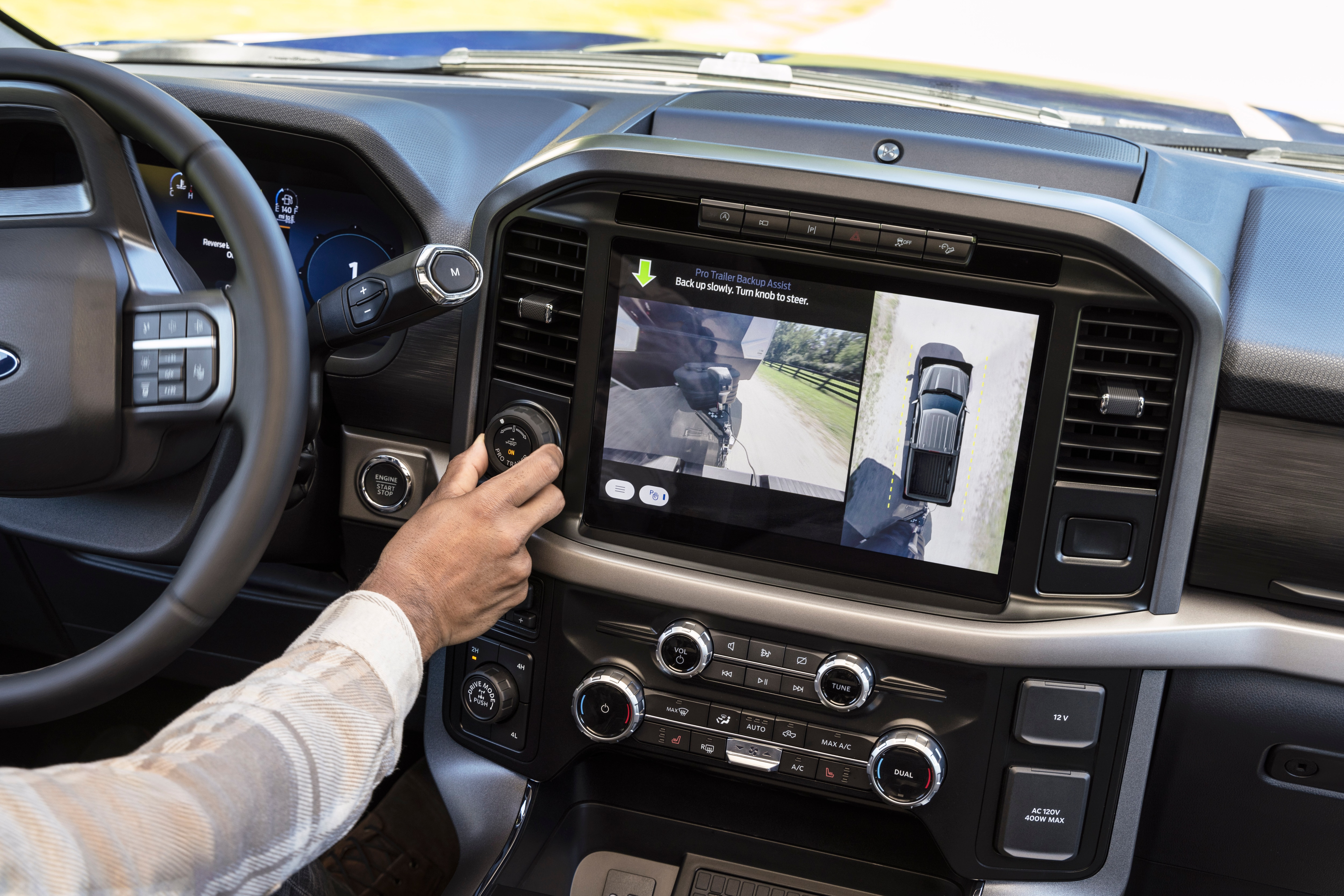 The 2024 Ford F-150 dash screen shows Pro Trailer Backup Assist™.