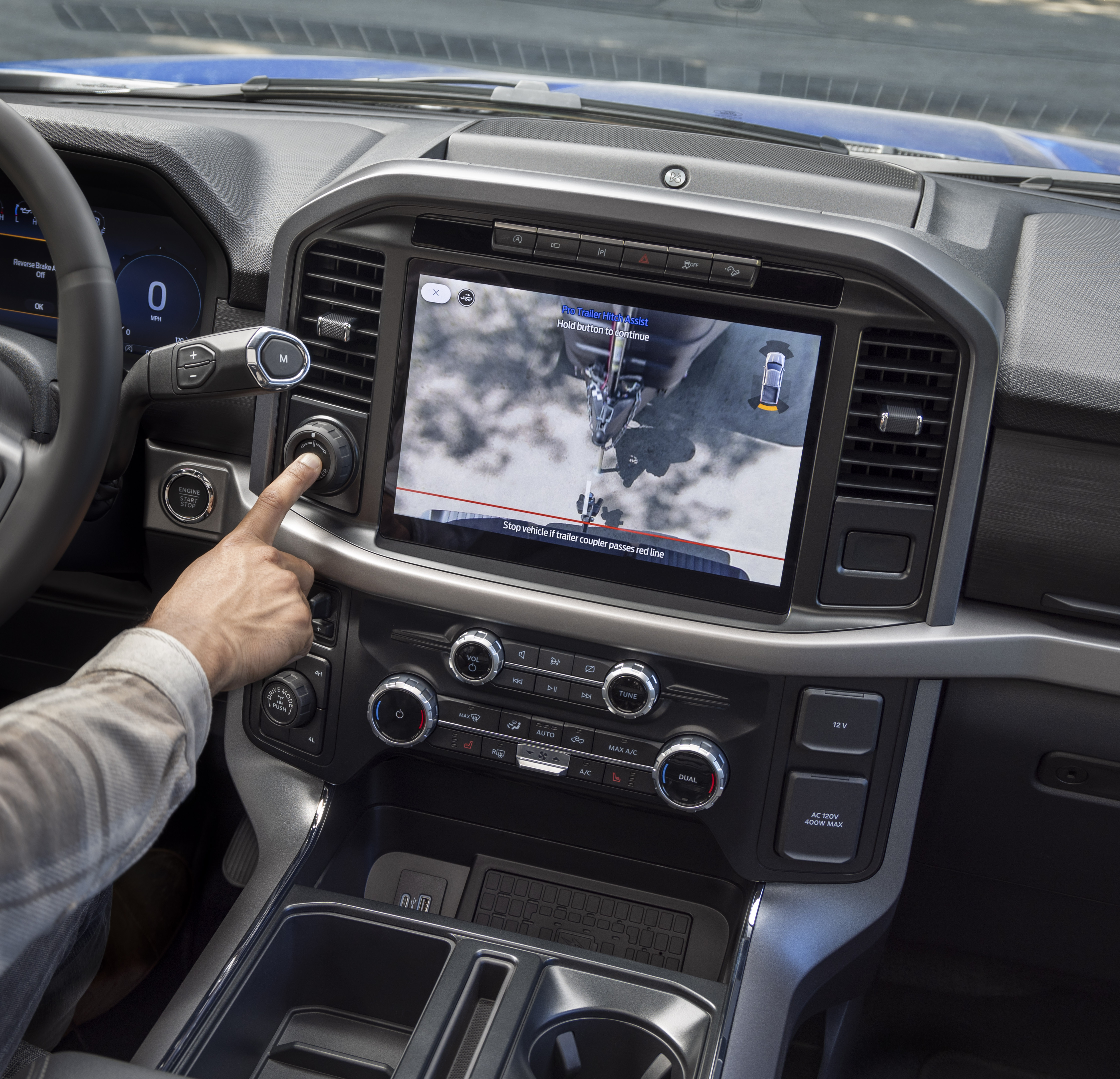 The 2024 Ford F-150 dash screen shows Pro Trailer Hitch Assist™.