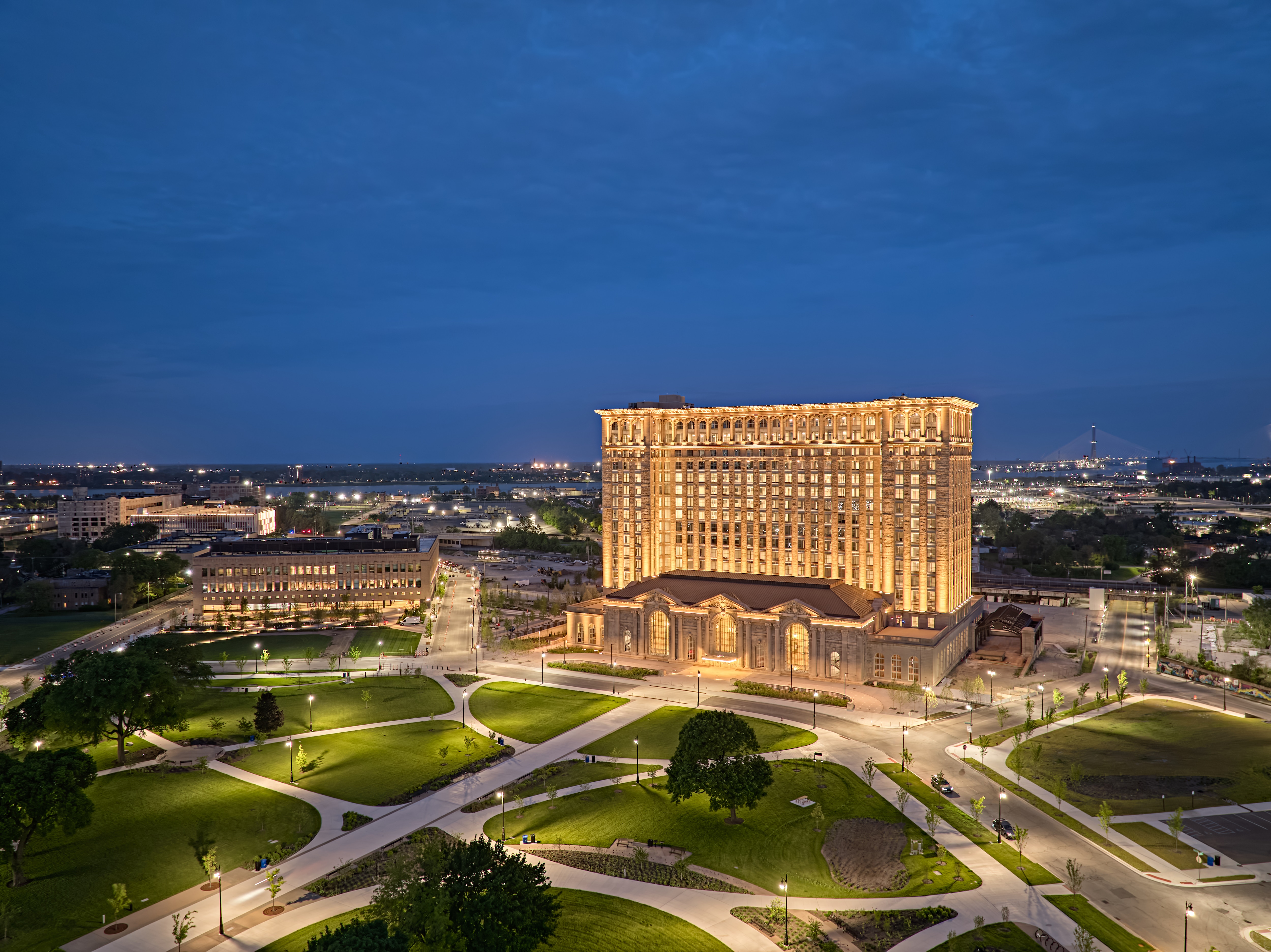 A zoomed-out view of Michigan Central Station shown.