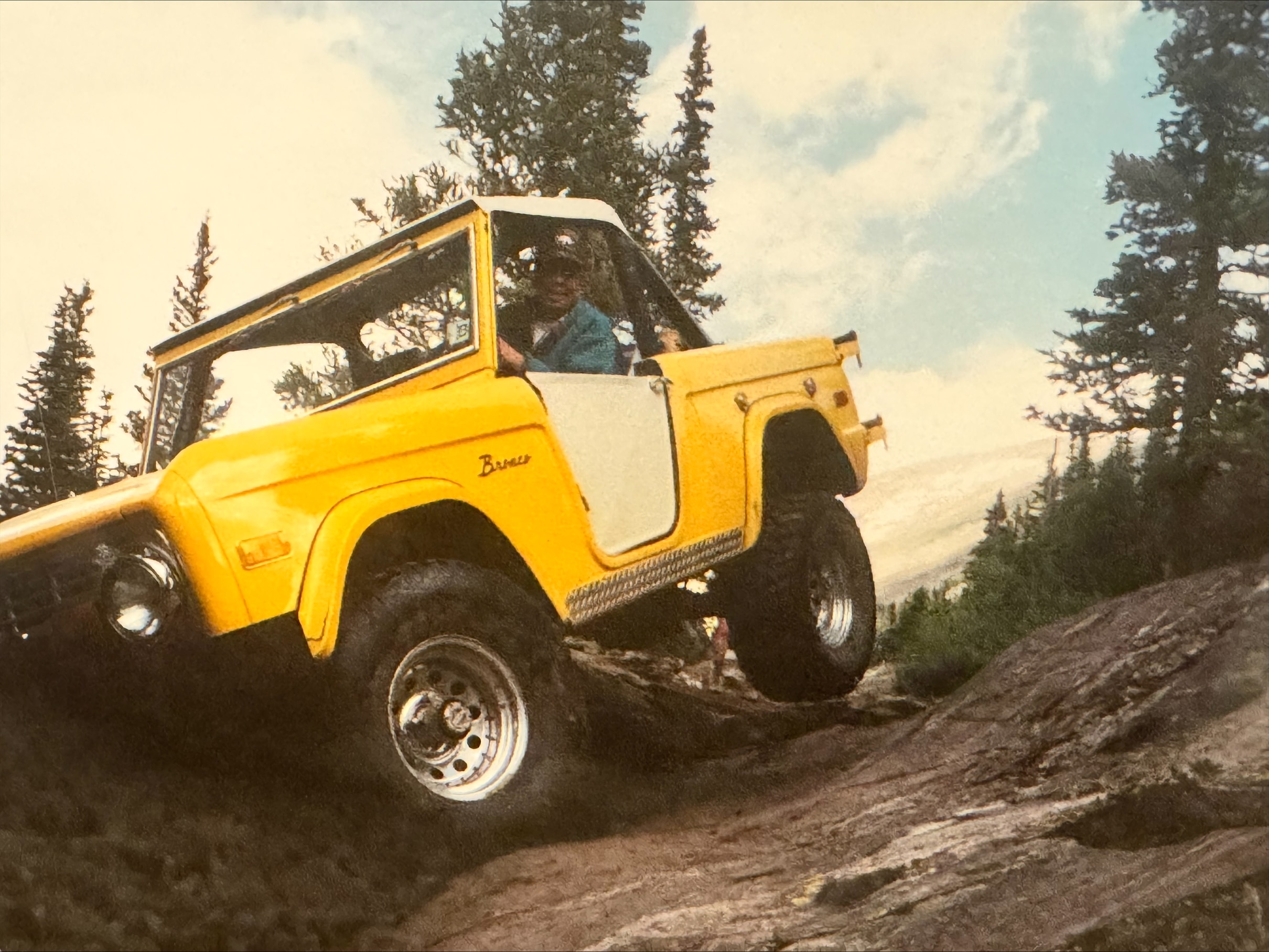 Off-road racer Brad Lovell's father, Gordon Lovell, off-roading in the Rockies in the family Bronco. 