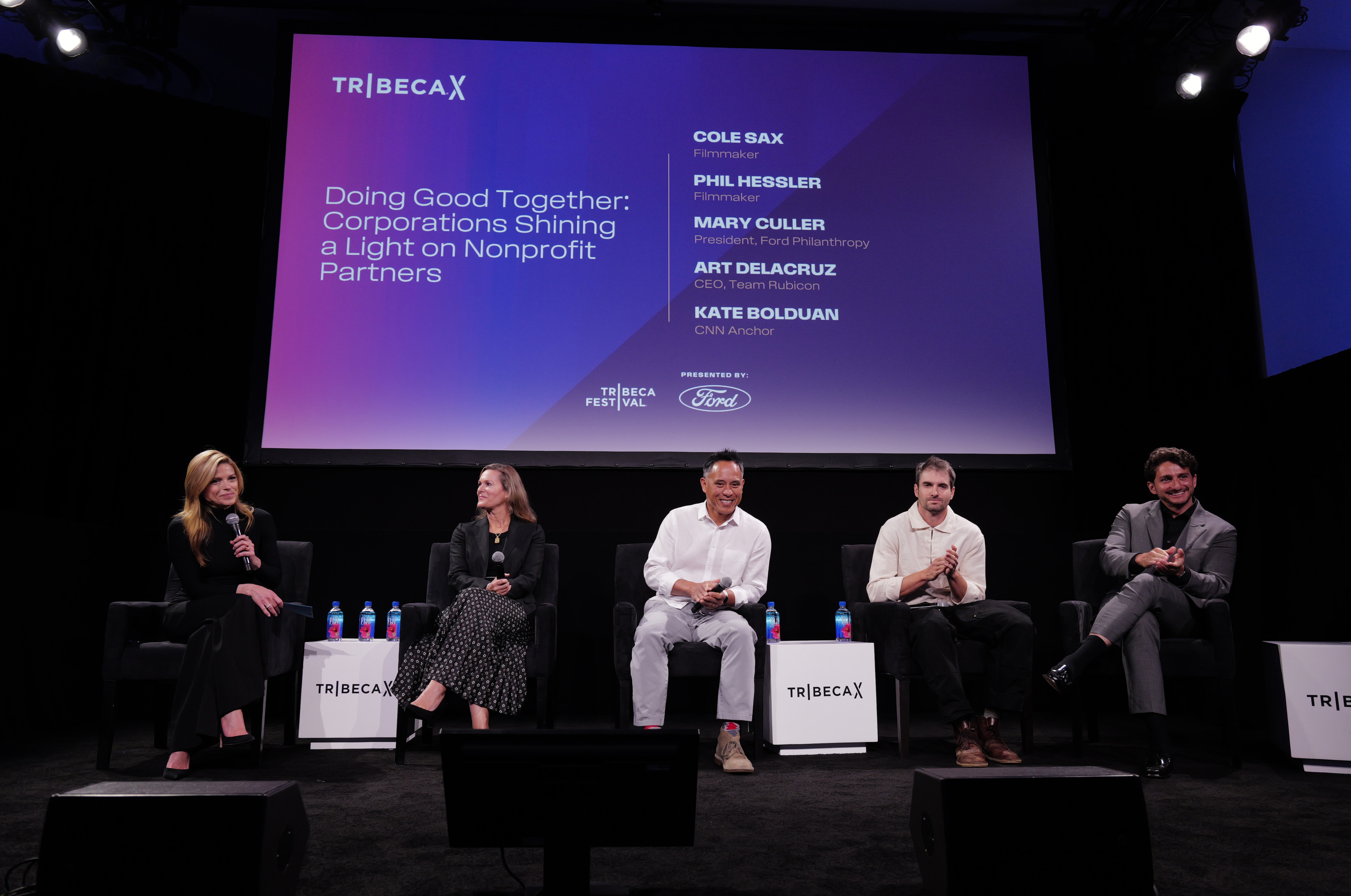 A panel presentation at Tribeca X reads "Doing Good Together: Corporations Shining a Light on Nonprofit Partners."
