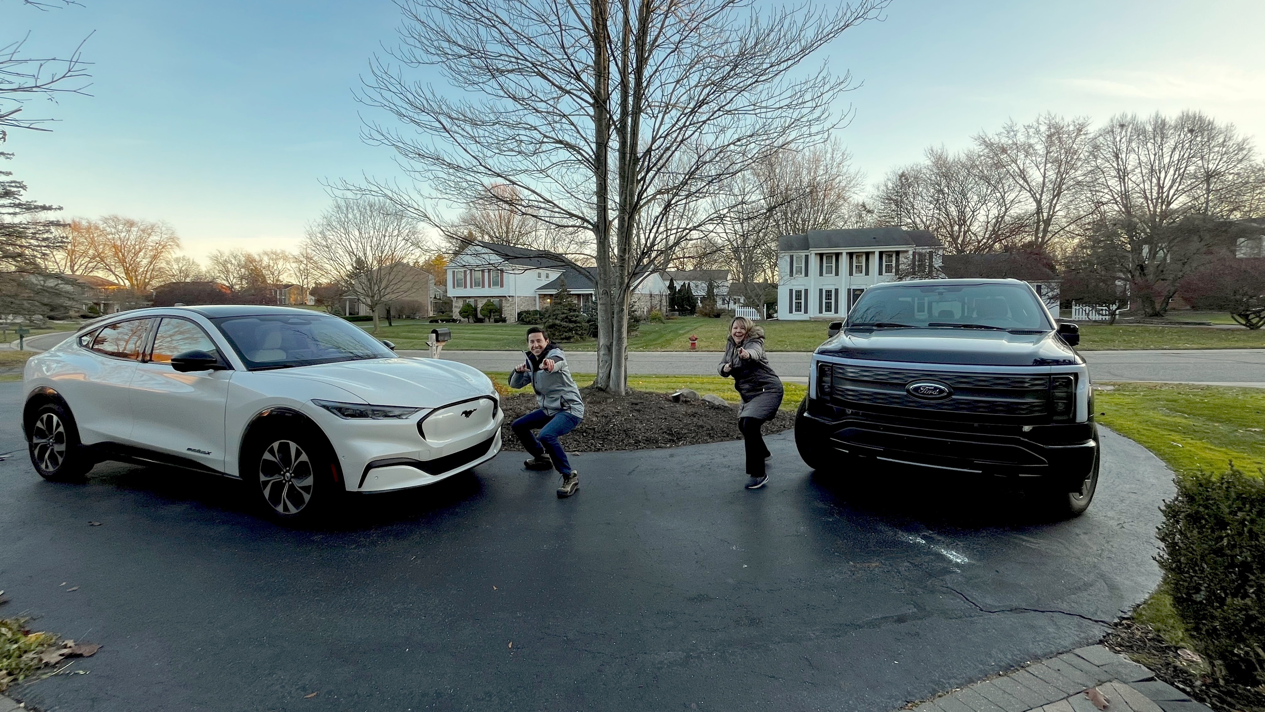 Jim (left) and his mom (right) lining up their Mustang Mach-E SUV and F-150 Lightning truck in 2023.