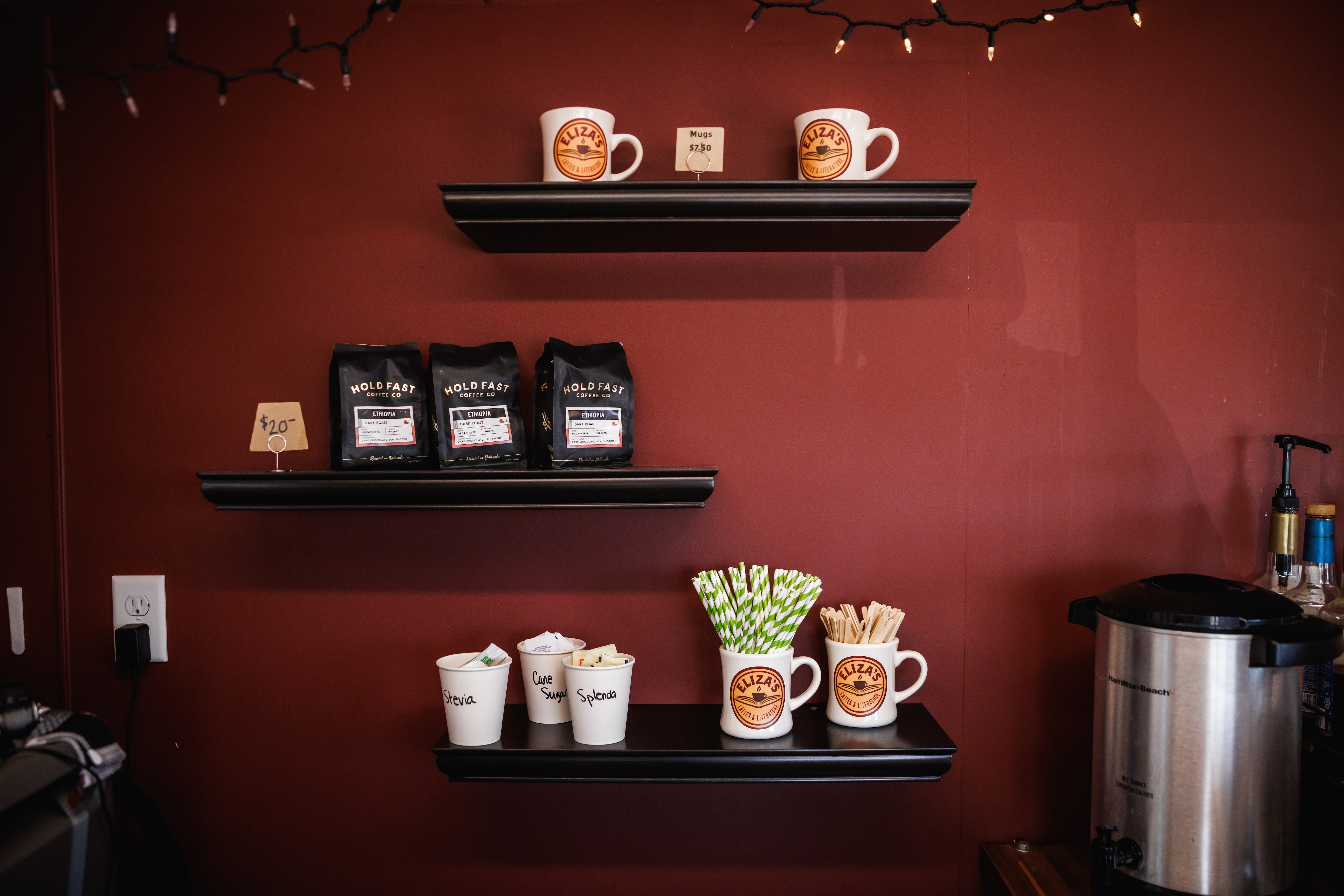 A display shelf inside of Eliza's Lattes and Literature.