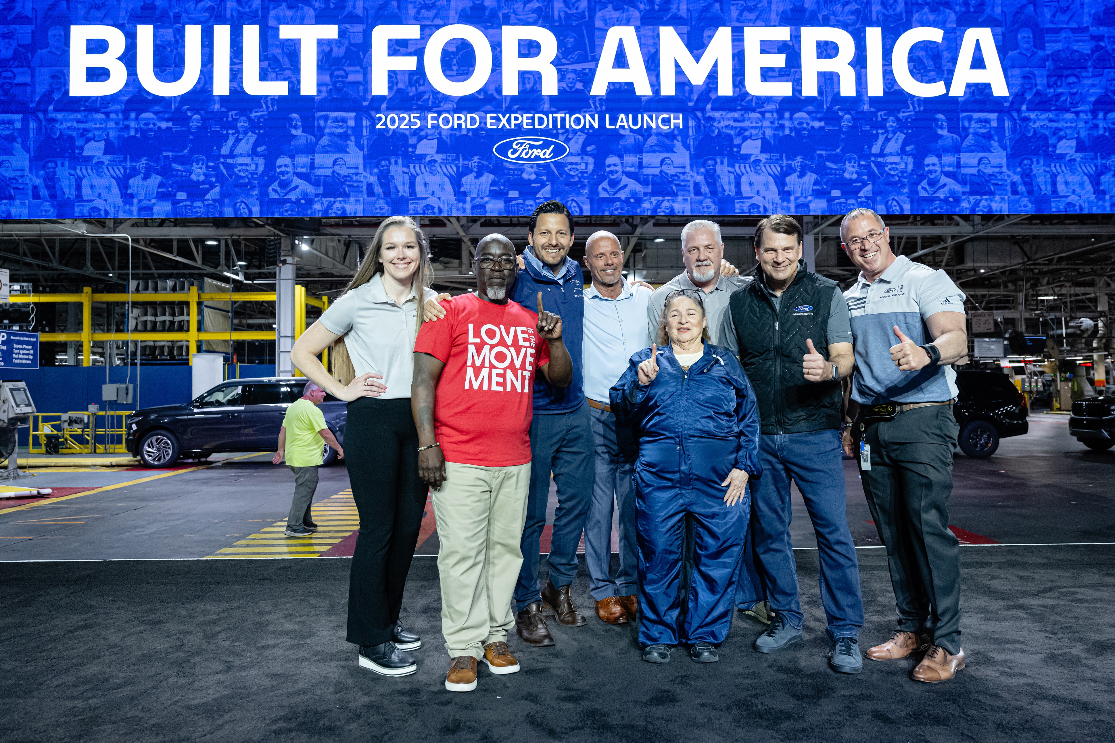 Ford President and CEO Jim Farley, second from right, at the 2025 Ford Expedition Launch Celebration on April 30, 2025. He is joined by members of the Kentucky Truck Plant team.