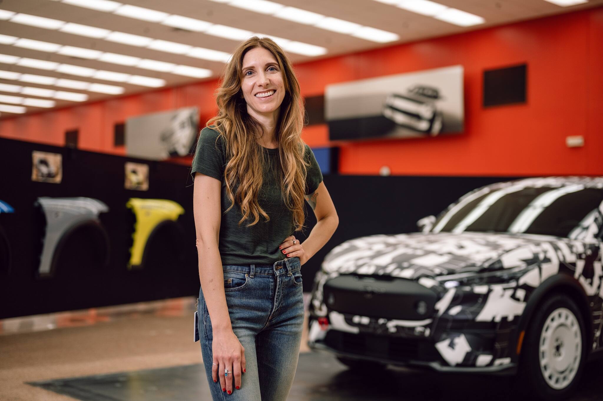 Color and materials designer Angela Bell got her start designing eyewear, which she continues to do on a freelance basis. Bell is seen here with the Mustang Mach-E Rally. 