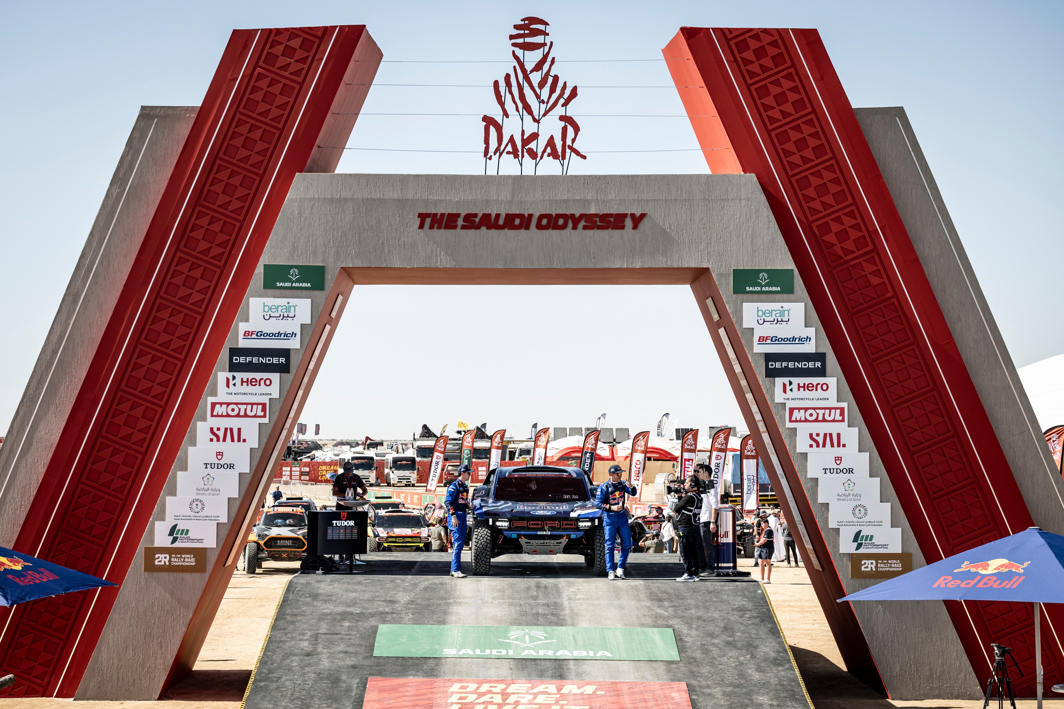 Mattias Ekstrom reaches the finish line in a Ford Racing vehicle, taking first in the Prologue at Dakar.