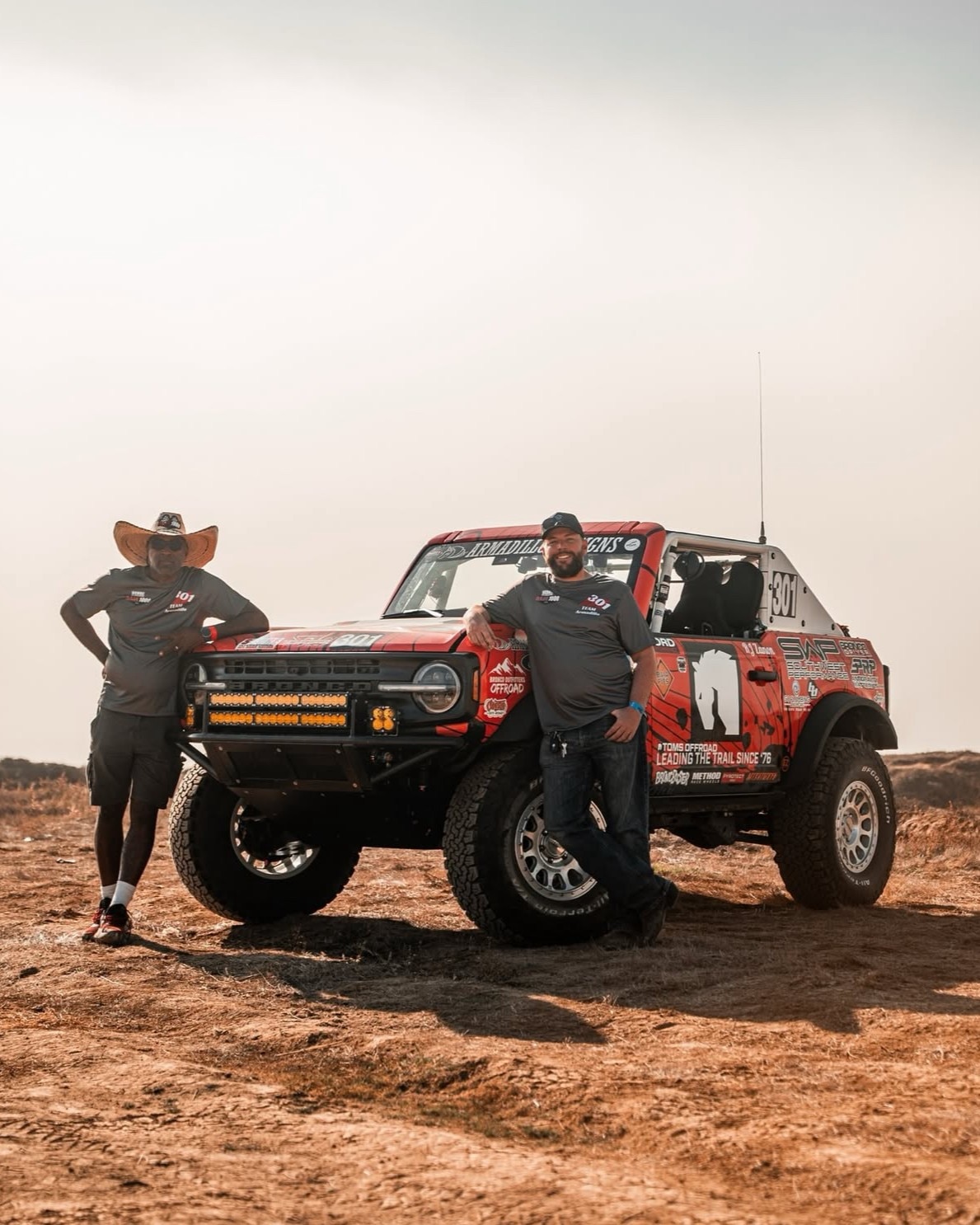 RJ Zanon and Austin Gillis with their Baja 1000 Bronco off-road racer.